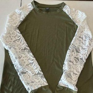 Olive green. lace sleeves, size large top